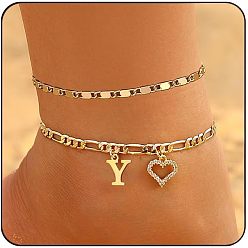 Letter Y Двухслойные браслеты для щиколотки с латунными кристаллами и стразами в форме сердца, золотые, Письмо Y, 7-7/8 дюйм (200 мм), 2 шт / комплект