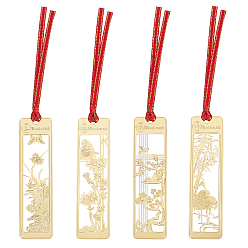 Golden Stainless Steel Filigree Bookmarks, with Cord, Rectangle with Plum Blossom Chrysanthemum Orchid Bamboo Pattern, Golden, 92x24.5x0.5mm, 4 styles, 3pcs/style, 12pcs/box