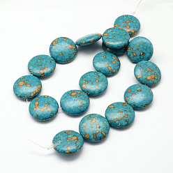 Medium Turquoise Dyed Synthetic Turquoise Bead Strands, Flat Round, Medium Turquoise, 16x8mm, Hole: 1~2mm, about 23pcs/strand, 15.4 inch~16.5 inch