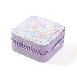 Lilac Heart Printed PU Imitation Leather Jewelry Storage Zipper Boxes, for Necklaces Bracelets Earrings Rings, Square, Lilac, 10x10x5cm