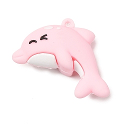 Pink PVC Plastic Pendants, Dolphin Charms, Pink, 46.5x44.5x20mm, Hole: 2.5mm