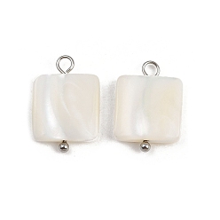 Нержавеющая Сталь Цвет Квадратные подвески из натуральных ракушек, с 304 петлями из нержавеющей стали, цвет морской раковины, цвет нержавеющей стали, 18~18.5x12.5x3.5 мм, отверстие : 1.8~2 мм