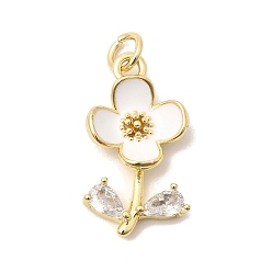 Белый Подвески из латуни с прозрачным фианитом, с эмалью, без свинца и без кадмия, долговечный, цветочный шарм, белые, 22x11.5x5 мм, Перейти кольцо: 5x1 мм, внутренний диаметр: 3 мм