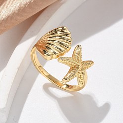 Настоящее золото 18K Латунь манжеты кольца, без кадмия, без никеля и без свинца, морская звезда и форма раковины, реальный 18 k позолоченный, 14 мм, внутренний диаметр: 18 мм