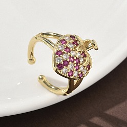 Клубника Латунные микро проложить манжеты кольца кубического циркония, долговечный, стойки покрытие, без свинца и без кадмия, реальный 18 k позолоченный, клубника, 18.5x15 мм