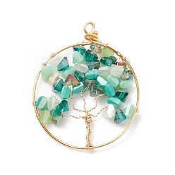 Aquamarine Electroplate Glass Pendants, with Real 18K Gold Plated Tone Eco-Friendly Copper Wire, Ring with Tree, Aquamarine, 47~50x38~39x5~6mm, Hole: 2.5~4.5mm