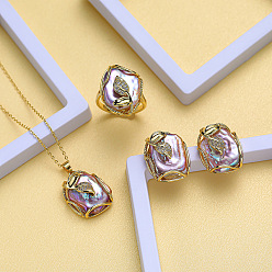 Фиолетовый Ожерелья с подвесками из натурального пресноводного жемчуга, серьги-гвоздики и комплекты колец, комплекты ювелирных изделий из латуни, прямоугольник с цветочным узором, фиолетовые, 400 мм