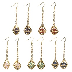 Golden Natural Gemstone Dangle Earrings, Brass Macrame Pouch Long Drop Earrings, Golden, 66x17mm