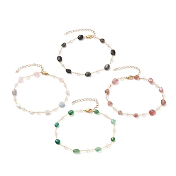 Golden Nuggets Natural Gemstone Beaded Anklets, with Glass Beads, Brass Cable Chains and 304 Stainless Steel Lobster Claw Clasps, Golden, 9-5/8 inch(24.5cm)