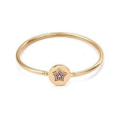 Colorful Rack Plating Brass Micro Pave Cubic Zirconia Bangles, Real 18K Gold Plated Flat Round with Star Clasp Bangles, Long-Lasting Plated, Cadmium Free & Lead Free, Colorful, Inner Diameter: 2-1/4 inch(5.6cm)