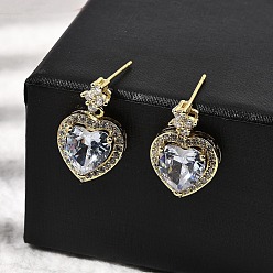 Настоящее золото 18K Серьги-гвоздики в форме сердца из латуни с прозрачным кубическим цирконием, без кадмия и без свинца, долговечный, стойки покрытие, реальный 18 k позолоченный, 21x13.5 мм