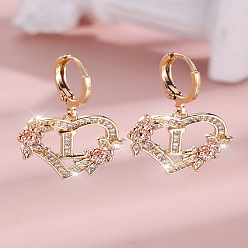 Letter L Серьги-кольца из латуни с микропаве и прозрачным кубическим цирконием в форме сердца, золотые, Письмо L, 34x20 мм