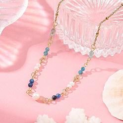 Golden 304 Stainless Steel with Natural Mixed Gemstone Pendant Necklaces, Round Charms, Natural Cultured Freshwater Pearl, Golden, 15.24 inch(38.7cm)
