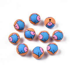 Coral Handmade Polymer Clay Beads, Round with Fish, Coral, 9.5~11x9.5mm, Hole: 1.5mm