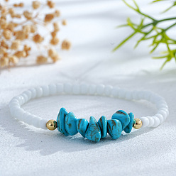 Chip Богемные браслеты из белого стеклянного бисера, синтетические бирюзовые эластичные браслеты для женщин, с золотыми латунными бисера, чип