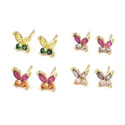 Mixed Color Butterfly Real 18K Gold Plated Brass Stud Earrings, with Clear Cubic Zirconia, Long-Lasting Plated, Lead Free & Cadmium Free, Mixed Color, 7.5x8.5mm