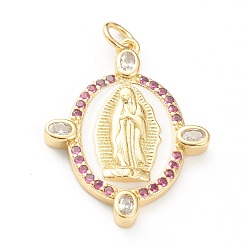 Фиолетовый Латунные микро проложить кубического циркония подвески, с эмалью, долговечный, реальный 18 k позолоченный, овальный со святым, фиолетовые, 26x20x2.5 мм, отверстие : 3 мм