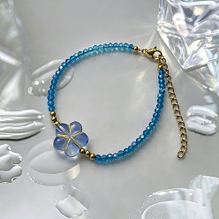 Cielo Azul Oscuro Pulseras bohemias hechas a mano con flores de vidrio soplado y cuentas facetadas en forma de rondel con cadenas terminales de acero inoxidable para mujer., dorado, cielo azul profundo, 201 pulgada (6.69 cm)