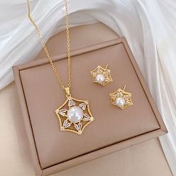 Шестиугольник Латунное микропаве из кубических цирконий с пластиковым жемчугом, подвеска и серьги-гвоздики, колье-цепочка из нержавеющей стали, золотые, шестиугольник, 400 мм