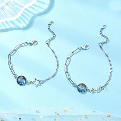 Нержавеющая Сталь Цвет 2шт. 304 Браслеты из нержавеющей стали с кабошонами из смолы, Браслеты из скрепки и цепочки для женщин, звезда и луна, со сплавом, цвет нержавеющей стали, 7.48 дюйм (19 см)