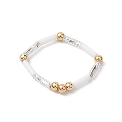 White Glass Bugle & Brass Beads Stretch Rings for Women, with Elastic Crystal Thread, White, 2~2.5mm, Inner Diameter: 20mm