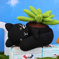 Black DIY 3D Cat Pot Knitting Kits for Beginners, including Stuffing Cotton, Crochet Hook, Stitch Marker, Craft Eye & Nose, Cored Cotton Thread, Plastic Needle, Instruction, Black, 16x14cm