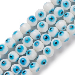 Sky Blue Handmade Evil Eye Lampwork Bead Strands, Round, Sky Blue, 10.5~11x9~10mm, Hole: 2~3mm, about 40pcs/strand, 14.13~14.6''(35.9~37.1cm)