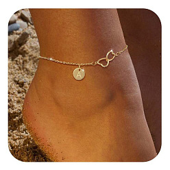 Letter A Латунные двойные сердечки плоские круглые инициалы браслеты на ногу для женщин, золотые, буква a, 9-1/8 дюйм (230 мм)