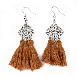 Saddle Brown Cotton Thread Tassels Dangle Earrings, with Alloy Links and Brass Earring Hooks, Mixed Color, 70~74mm, Pin: 0.6mm