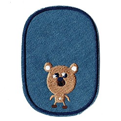 Steel Blue Computerized Embroidery Cloth Iron on/Sew on Patches, Costume Accessories, Oval with Bear, Steel Blue, 11.7x8.2cm