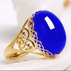 Синий Овальные перстни из натурального халцедона, латунные регулируемые кольца, золотые, синие, внутренний диаметр: 17~19 мм