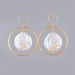White Dangle Earrings, with Natural Baroque Pearl Keshi Pearl, Brass Findings, Rubber Ear Nuts and Cardboard Jewelry Set Boxes, White, 43mm, Pin: 0.7mm