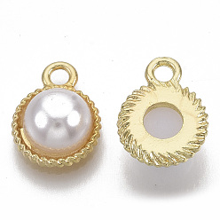 Light Gold Alloy Pendants, with ABS Plastic Imitation Pearl, Half Round, White, Light Gold, 14x10.5x5mm, Hole: 2mm