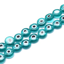 Темный Голубой Ручной сглаза Lampwork плоские круглые пряди шарик, темные голубые, 10x4 мм, отверстие : 1 мм, около 38 шт / нитка, 14 дюйм