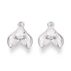 Платинированный Латунные микро проложить кубического циркония подвески, прелести рыбий хвост, Реальная платина, 13x11x4 мм, отверстие : 1.5 мм