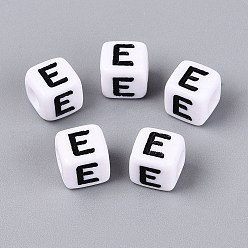Letter E Opaque Acrylic Beads, Cube with Number, with Enamel, Black, Letter E, 7.5~8x7.5~8x8~8.5mm, Hole: 3.6~4mm, about 1200pcs/500g