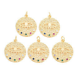Real 18K Gold Plated Rack Plating Brass Micro Pave Colorful Cubic Zirconia Pendants, with Jump Rings, Nickel Free, Flat Round with Evil Eyes, Real 18K Gold Plated, 22x20x2mm, Jump Ring: 5x1mm, 3mm