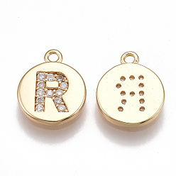 Letter R Brass Cubic Zirconia Charms, Flat Round with Letter, Nickel Free, Real 18K Gold Plated, Clear, Letter.R, 12x10x2mm, Hole: 1mm