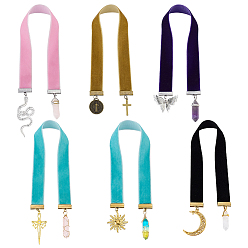 Mixed Color 6Pcs Single Face Velvet Bookmark, with Natural Quartz Crystal & Rose Quartz & Amethyst & Brass & Alloy & Lampwork & 201 Stainless Steel Pendants, Mixed Color, 358~408mm