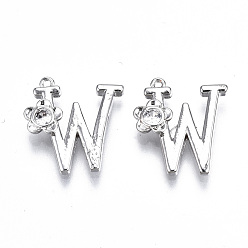 Letter W Латунные подвески, со стразами, без кадмия, без никеля и без свинца, алфавит, платина, буква.w, 18x14x2.5 мм, отверстие : 1 мм