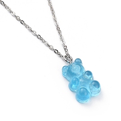 Light Sky Blue Bear Resin Pendant Necklaces, with Platinum Plated Brass Cable Chains, Light Sky Blue, 18.11 inch(46cm)