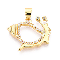 Настоящее золото 18K Латунные микропаве прозрачные подвески с фианитом, без кадмия и без свинца, улитка, реальный 18 k позолоченный, 18x24x3 мм, отверстие : 6x4 мм
