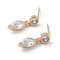 Настоящее золото 18K Серьги-гвоздики с прозрачным кубическим цирконием и конским глазом, украшения из латуни для женщин, без кадмия и без свинца, реальный 18 k позолоченный, 19.5 мм, штифты : 0.7 мм