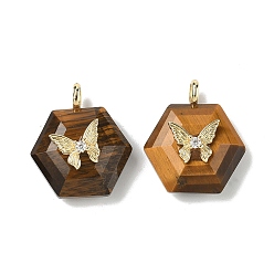 Тигровый глаз Граненые подвески из натурального тигрового глаза, Шестиугольные подвески с латунной паве из прозрачных кубических цирконий в форме бабочки, реальный 18 k позолоченный, долговечный, стойки покрытие, 22x19x10 мм, отверстие : 3.5x2 мм