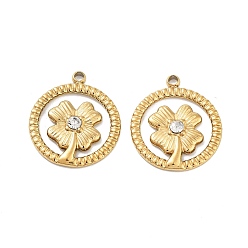 Настоящее золото 18K Ионное покрытие (ip) 316 подвески из нержавеющей стали, без никеля , со стразами, плоский круглый клевер, реальный 18 k позолоченный, 17x15x3 мм, отверстие : 1.2 мм