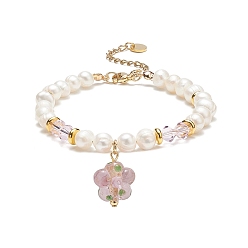 Violet Lampwork Flower Charm Bracelet, Natural Pearl & Glass Beaded Dainty Bracelet for Women, Violet, 7-1/2 inch(19cm)