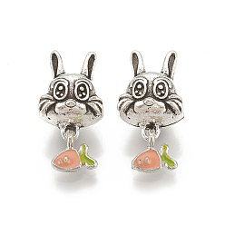 Antique Silver Alloy European Bunny Dangle Charms, Large Hole Pendants, with Enamel, Rabbit with Carrot Charms, Light Salmon, Antique Silver, 20mm, Hole: 4.5mm, 7x7mm