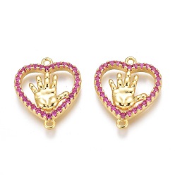 Real 18K Gold Plated Brass Micro Pave Purple Cubic Zirconia Pendants, Long-Lasting Plated, Heart with Hand, Real 18K Gold Plated, 16x14x2.5mm, Hole: 1mm