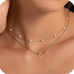 Letter C 2 шт. 304 двухслойные ожерелья с подвеской в виде буквы из нержавеющей стали и белого пластика с имитацией жемчуга, золотые, буква С, 17.72 дюйм (45 см)