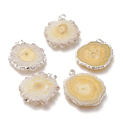 Желтый Кулоны с кристаллами солнечного кварца из окрашенных природных друзов, окантовка, с латунной поручительств, подсолнечник, серебряные, желтые, 40~50x30~45x5~6 мм, отверстие : 4x6 мм